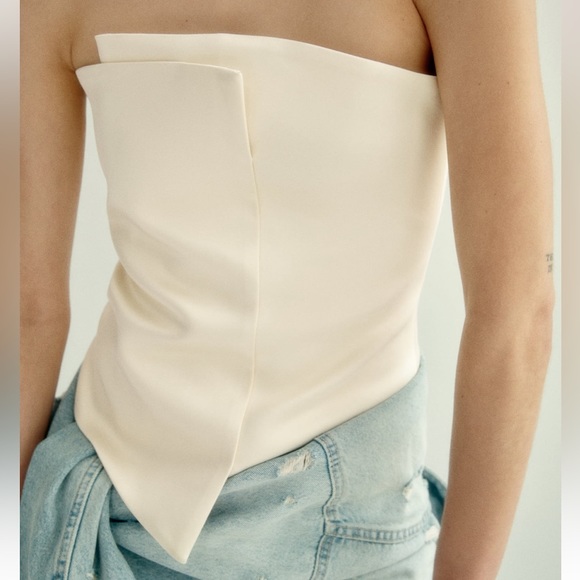 Zara ivory white satin asymmetrical wrap zipper back strapless tube top - Picture 4 of 8